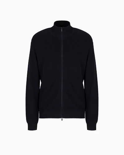 Full zip cardigan cotton and wool blend with ribs