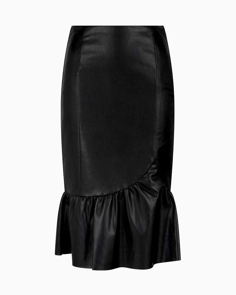 ASV Faux Leather Midi Skirt with Ruffle