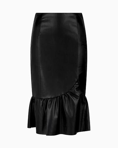 ASV Faux Leather Midi Skirt with Ruffle