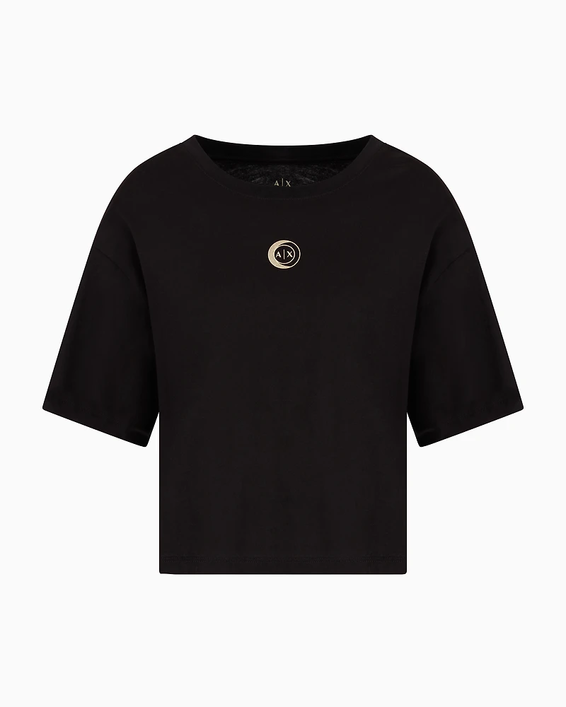 Cropped jersey T-shirt with metal logo