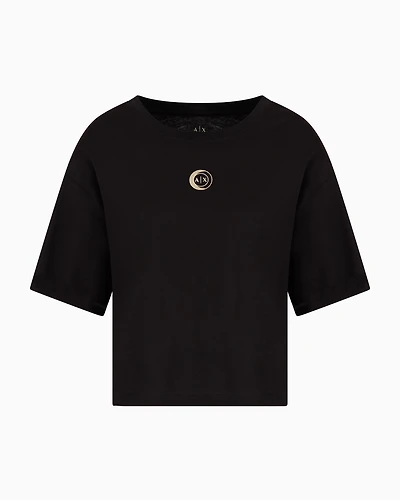 Cropped jersey T-shirt with metal logo