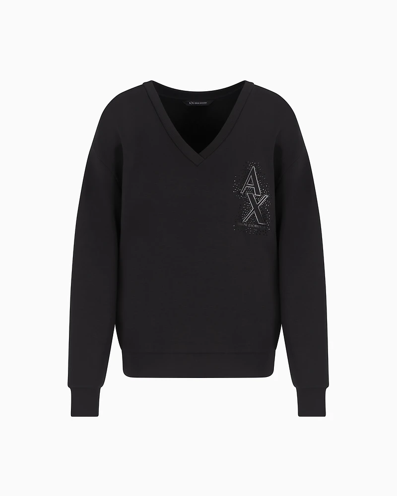 V-neck sweatshirt with rhinestone logo