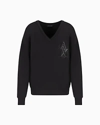 V-neck sweatshirt with rhinestone logo