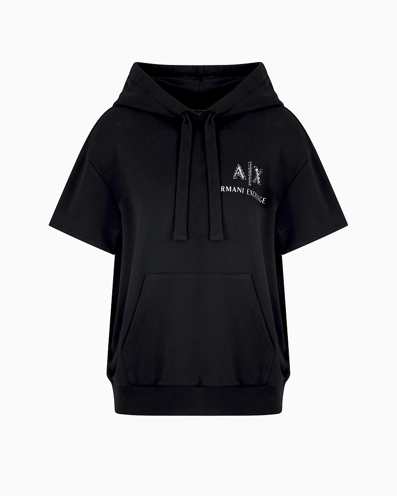 Short-sleeved sweatshirt with logo and rhinestones