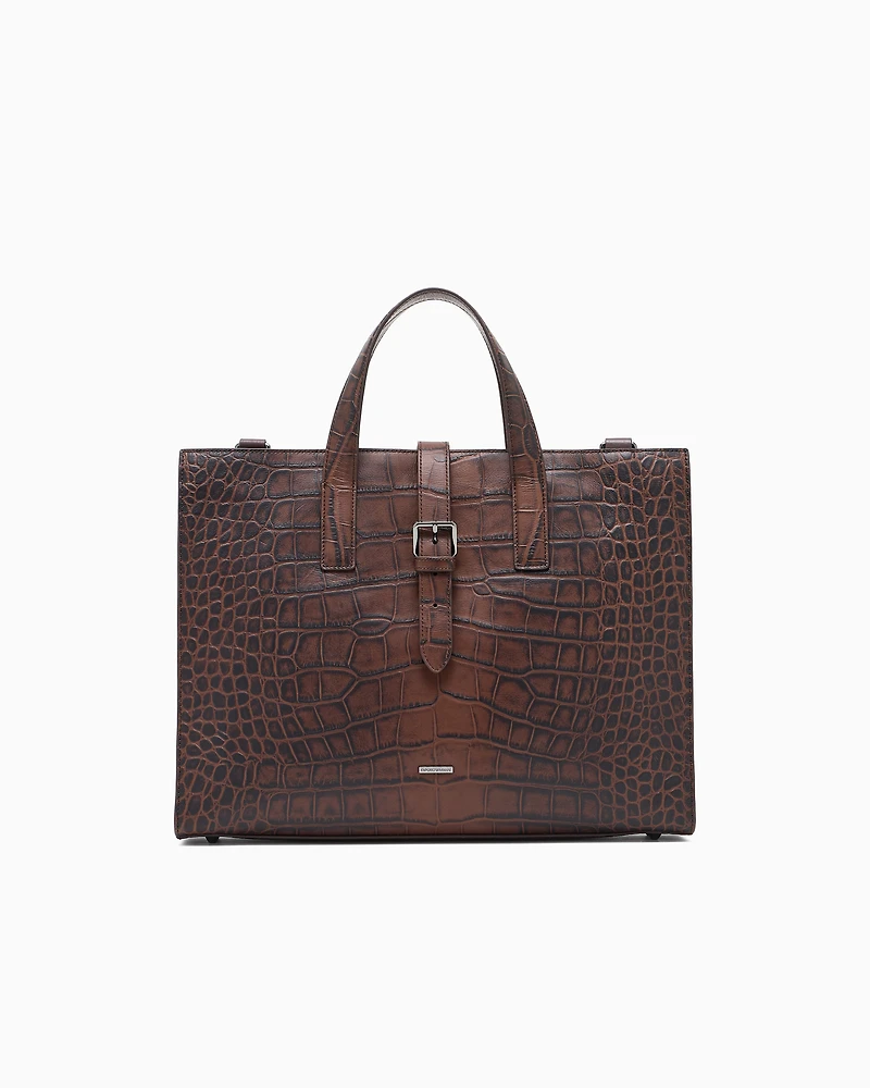 Emporio Armani - Crocodile-embossed leather briefcase, Man, Brown, Size: TU