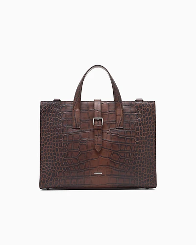 Emporio Armani - Crocodile-embossed leather briefcase, Man, Brown, Size: TU