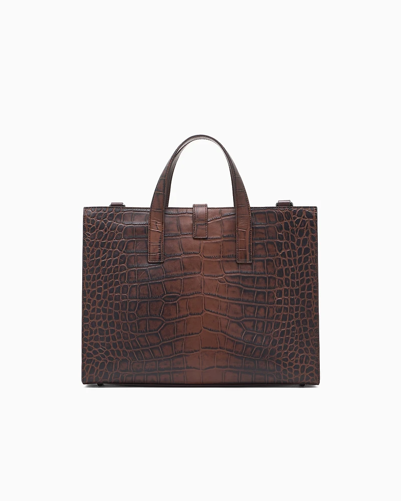 Emporio Armani - Crocodile-embossed leather briefcase, Man, Brown, Size: TU