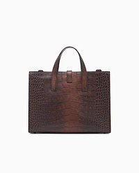 Emporio Armani - Crocodile-embossed leather briefcase, Man, Brown, Size: TU