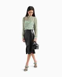 ASV Faux Leather Midi Skirt with Ruffle