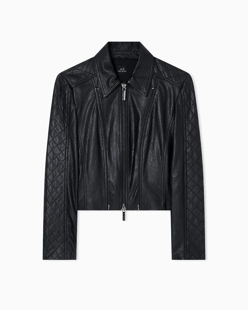 Leather jacket with quilted sleeves