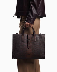 Emporio Armani - Crocodile-embossed leather briefcase, Man, Brown, Size: TU