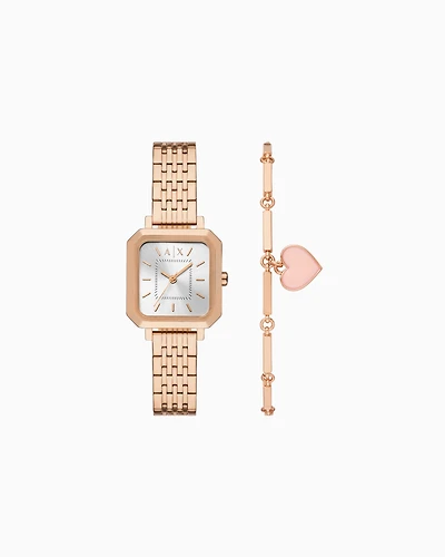 Armani Exchange Three-Hand Rose Gold-Tone Stainless Steel Watch and Bracelet Set