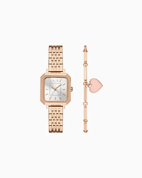 Armani Exchange Three-Hand Rose Gold-Tone Stainless Steel Watch and Bracelet Set