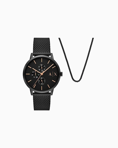 Armani Exchange Multifunction Black Stainless Steel Watch and Necklace Set