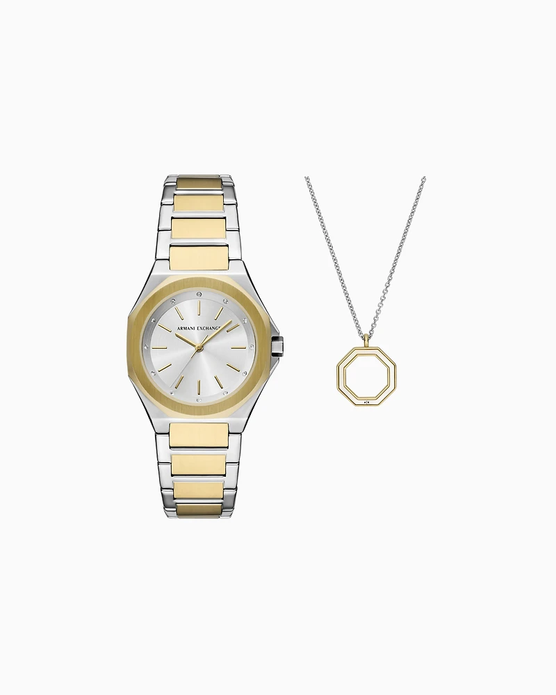  Three-Hand Two-Tone Stainless Steel Watch and Necklace Set