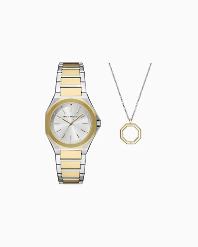  Three-Hand Two-Tone Stainless Steel Watch and Necklace Set