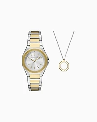  Three-Hand Two-Tone Stainless Steel Watch and Necklace Set