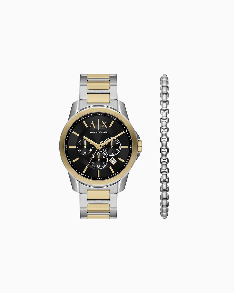 Two-Tone Stainless Steel Chronograph Watch Set with Bracelet