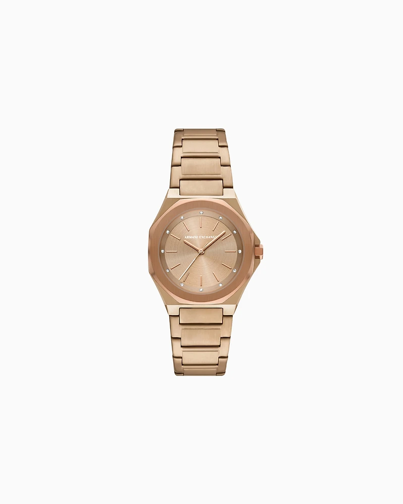 Armani Exchange Three-Hand Beige Gold-Tone Stainless Steel Watch