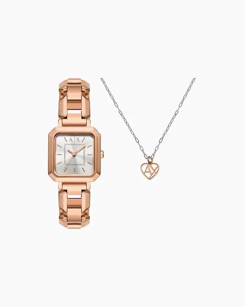  Three-Hand Rose Gold-Tone Stainless Steel Watch and necklace set