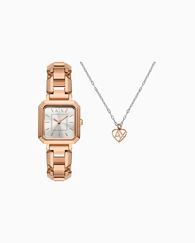  Three-Hand Rose Gold-Tone Stainless Steel Watch and necklace set