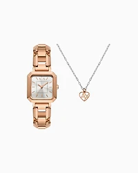 Three-Hand Rose Gold-Tone Stainless Steel Watch and necklace set