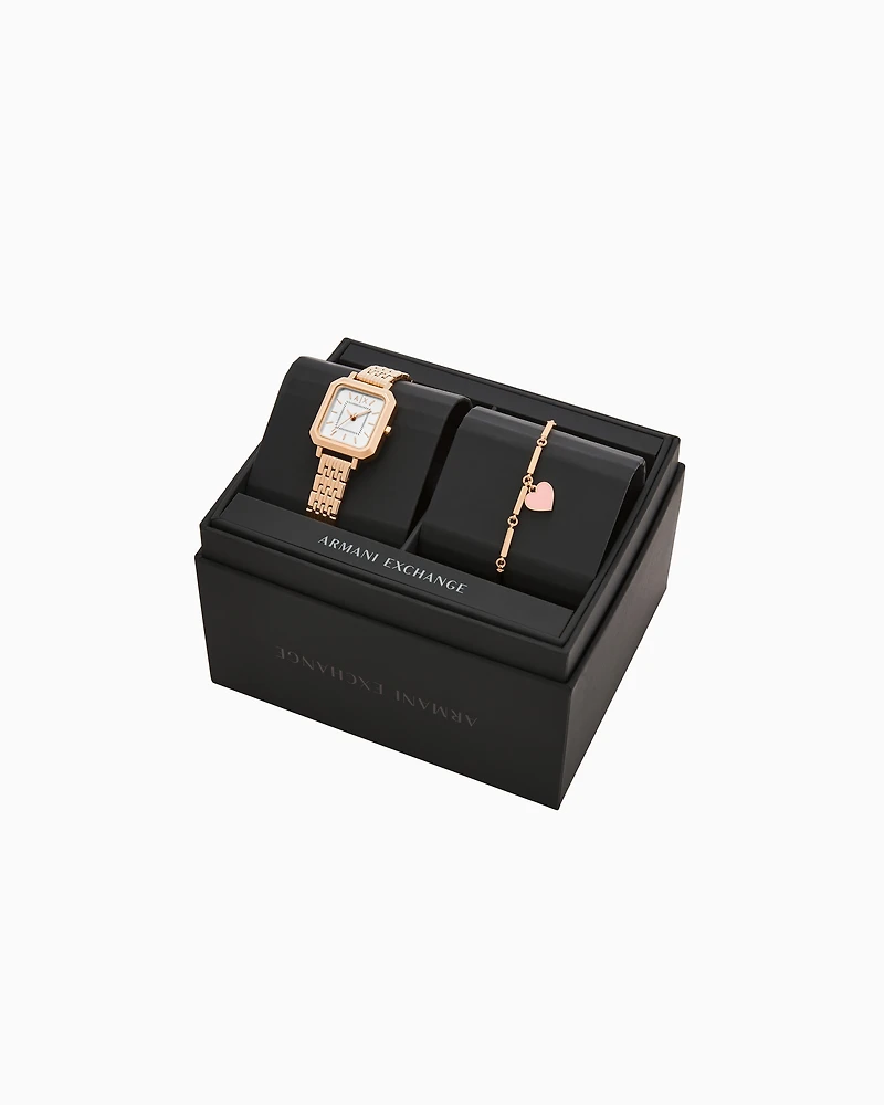 Armani Exchange Three-Hand Rose Gold-Tone Stainless Steel Watch and Bracelet Set