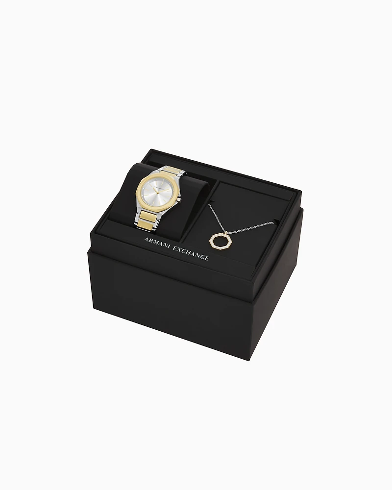  Three-Hand Two-Tone Stainless Steel Watch and Necklace Set