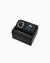 Two-Hand Black Leather Watch and Denim Strap Set