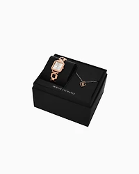  Three-Hand Rose Gold-Tone Stainless Steel Watch and necklace set