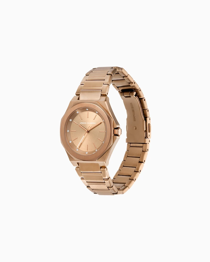 Armani Exchange Three-Hand Beige Gold-Tone Stainless Steel Watch