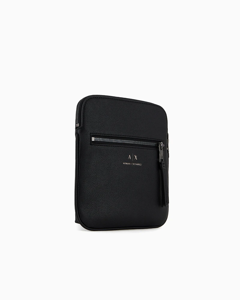 Semi-rigid flat shoulder bag with external pocket