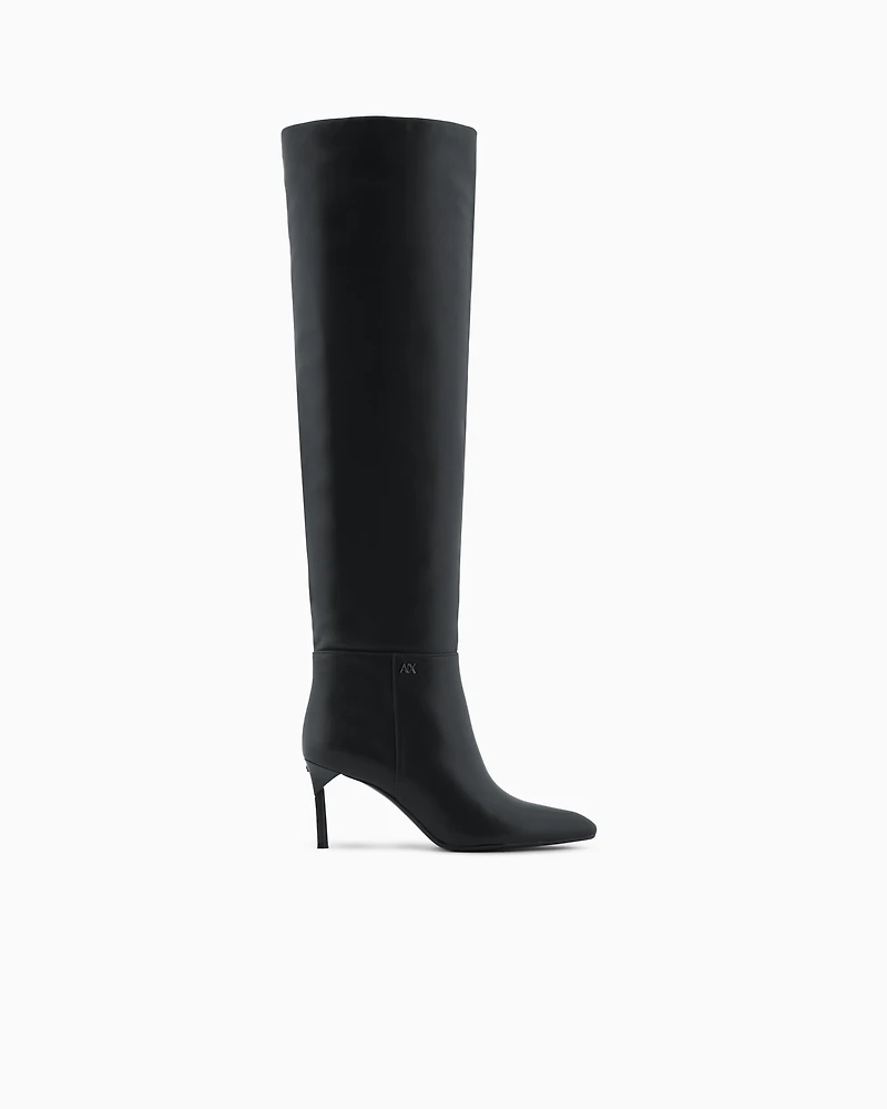 BLACK HIGH HEEL KNEE LOGO BOOTS
