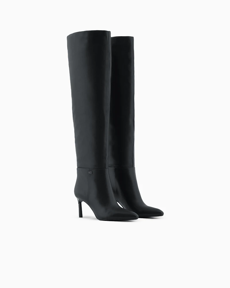 BLACK HIGH HEEL KNEE LOGO BOOTS