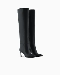 BLACK HIGH HEEL KNEE LOGO BOOTS
