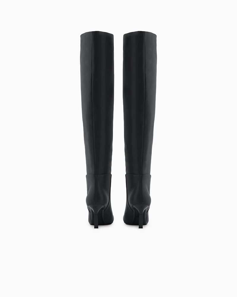 BLACK HIGH HEEL KNEE LOGO BOOTS