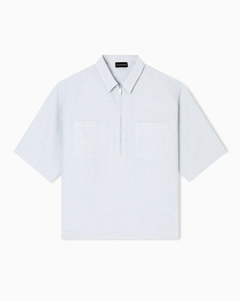 Emporio Armani - Pure linen shirt with partial zip, Man, Grey, Size: