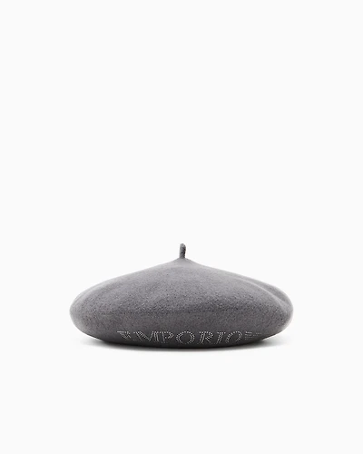 Emporio Armani - Wool beret with a micro-stud logo, Woman, Grey, Size: