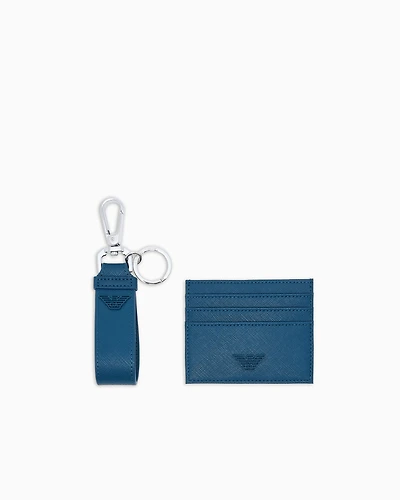 Emporio Armani - ASV Gift box with regenerated Saffiano keyring and card holder, Man, Blue, Size: TU