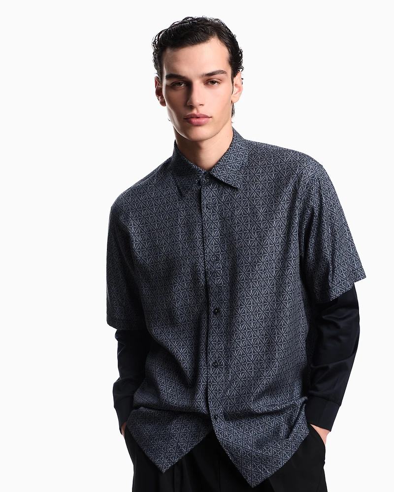 Emporio Armani - ASV comfort-fit printed Lyocell-blend shirt with a two-piece effect, Man, Blue, Size: