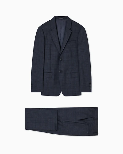 Emporio Armani - Single-breasted suit made of tropical light wool with a check motif, Man, Navy Blue, Size: