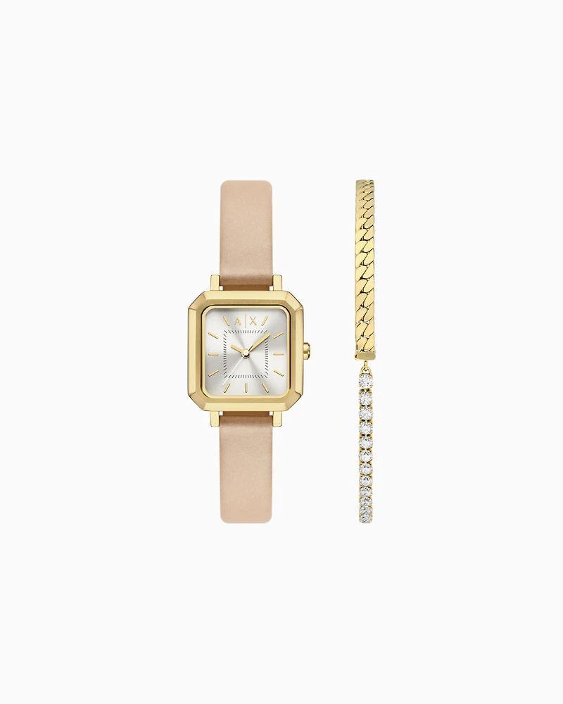  Three-Hand Nude Leather Watch and Bracelet Gift Set