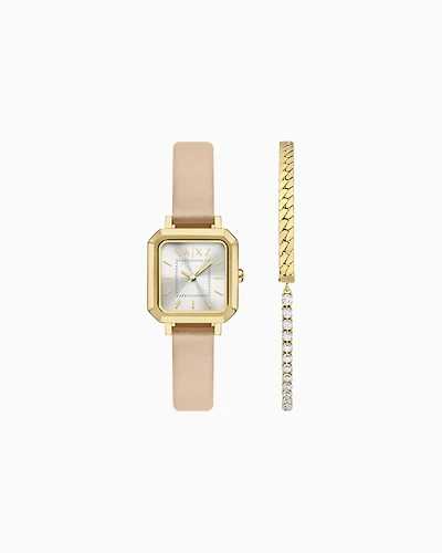  Three-Hand Nude Leather Watch and Bracelet Gift Set
