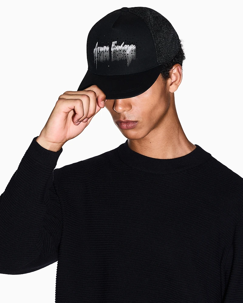 BLACK VISOR CAP WITH EMBELLISHED LOGO