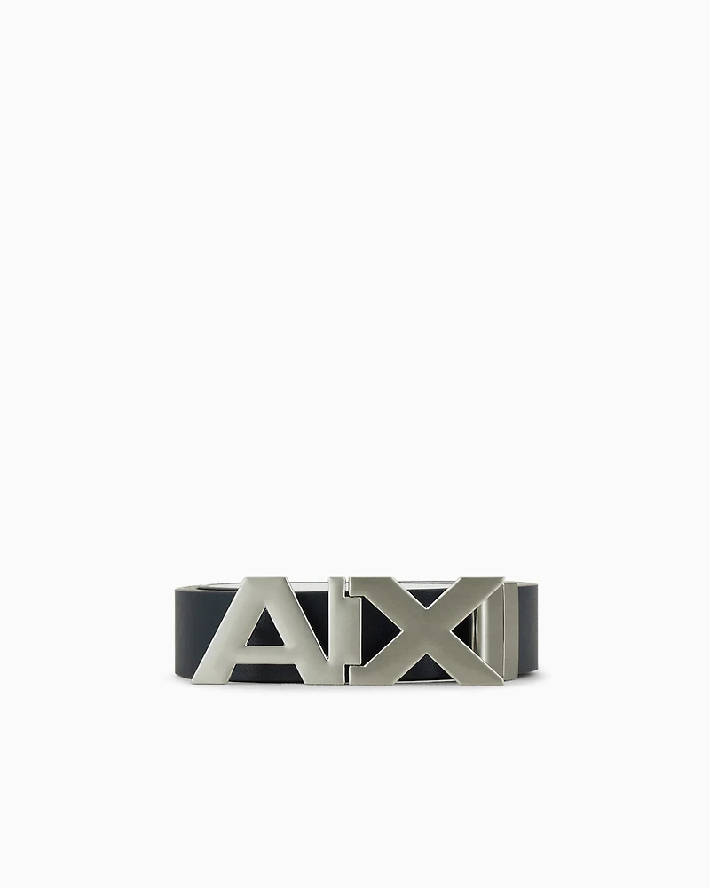 Reversible leather belt with satin metal logo buckle