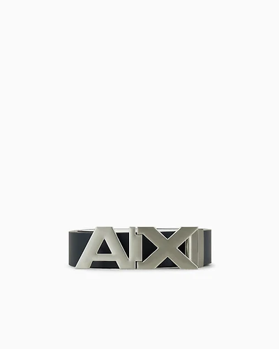 Reversible leather belt with satin metal logo buckle