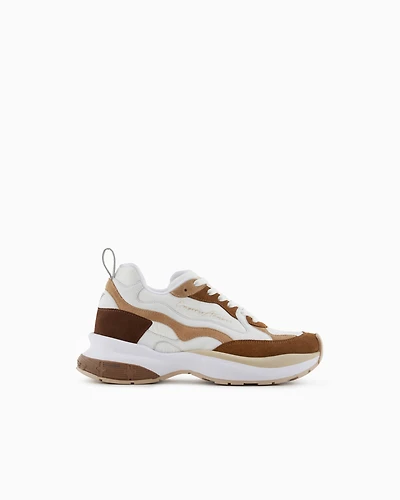 Emporio Armani - Mesh sneakers with laminated details and signature logo, Woman, Beige, Size: