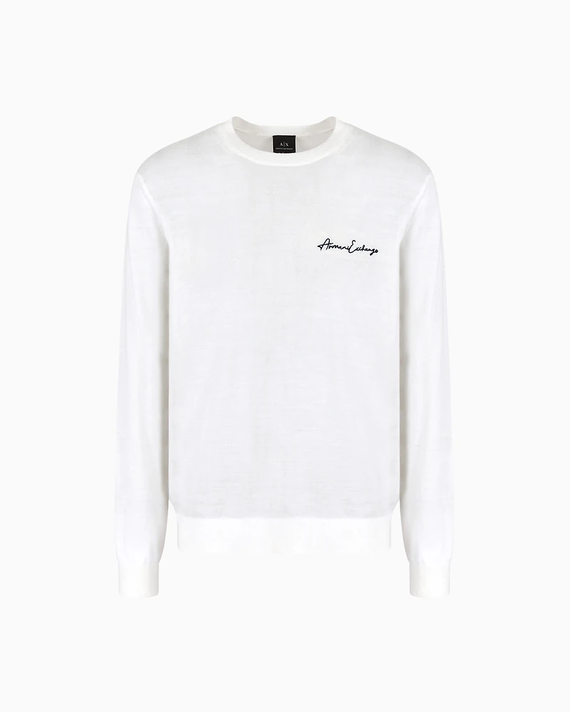 Wool blend crew neck sweater with chest logo