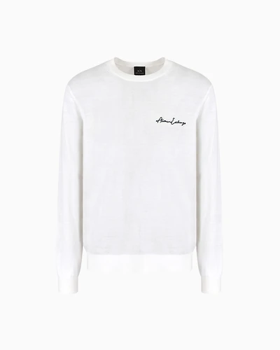 Wool blend crew neck sweater with chest logo
