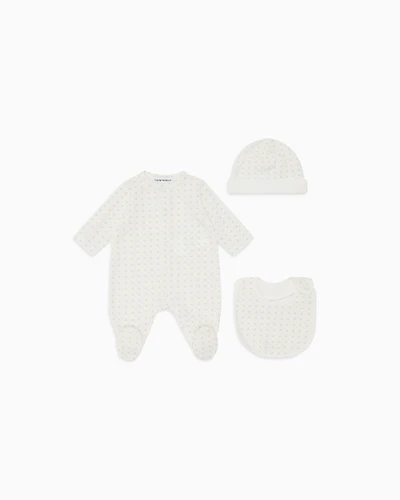 Emporio Armani - Jersey onesie, bib and beanie gift set with op-art eagles, Unisex Junior, Beige, Size: